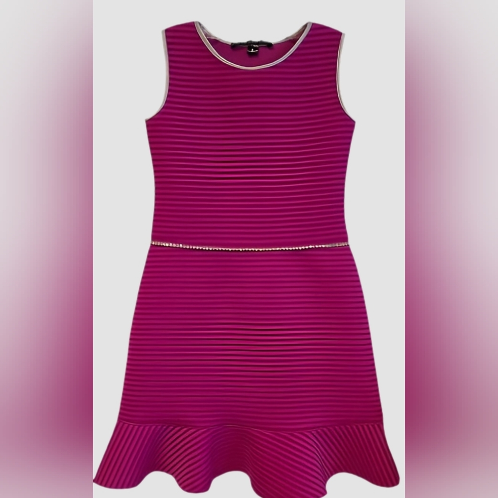Girls' Fuschia Striped Fit-and-Flare Dress with Rhinestone Waist